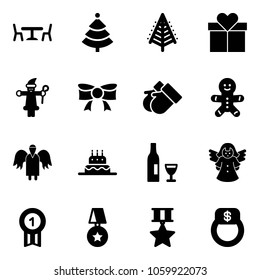 Solid vector icon set - cafe vector, christmas tree, gift, santa claus, bow, gloves, cake man, angel, wine, gold medal, star, finger ring