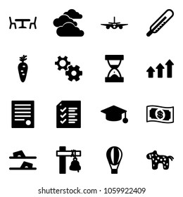 Solid vector icon set - cafe vector, clouds, plane, thermometer, carrot, gear, sand clock, arrows up, agreement, list, graduate hat, money, flip flops, ship bell, air balloon, toy horse