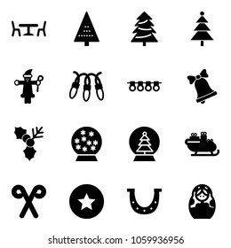 Solid vector icon set - cafe vector, christmas tree, santa claus, garland, bell, holly, snowball, sleigh, stick, star medal, luck, russian doll
