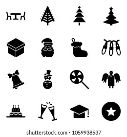 Solid vector icon set - cafe vector, christmas tree, gift, santa claus, sock, garland, bell, snowman, lollipop, angel, cake, wine glasses, graduate hat, star medal