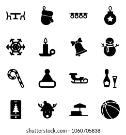 Solid vector icon set - cafe vector, christmas glove, garland, ball, snowflake, candle, bell, snowman, lollipop, hat, sleigh, wine, mobile, deer, inflatable pool