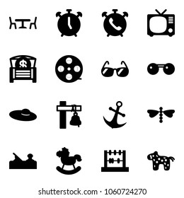 Solid vector icon set - cafe vector, alarm clock, phone, tv, money chest, film coil, sunglasses, woman hat, ship bell, anchor, dragonfly, jointer, rocking horse, abacus, toy