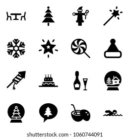 Solid vector icon set - cafe vector, christmas tree, santa claus, Magic wand, snowflake, star, lollipop, hat, firework rocket, cake, wine, snowball house, merry message, coconut cocktail, swimming