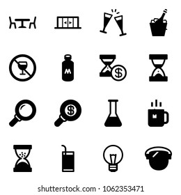 Solid vector icon set - cafe vector, automatic doors, wine glasses, champagne, no alcohol sign, milk, account history, sand clock, magnifier, search money, flask, green tea, drink, bulb