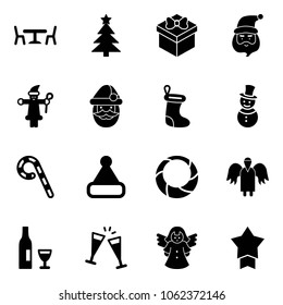 Solid vector icon set - cafe vector, christmas tree, gift, santa claus, sock, snowman, lollipop, hat, wreath, angel, wine, glasses, star medal
