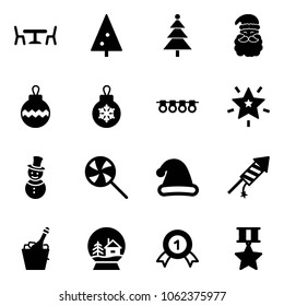 Solid vector icon set - cafe vector, christmas tree, santa claus, ball, garland, star, snowman, lollipop, hat, firework rocket, champagne, snowball house, gold medal