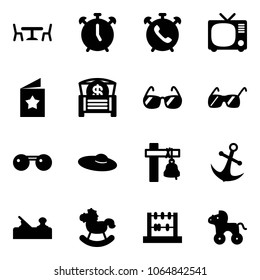 Solid vector icon set - cafe vector, alarm clock, phone, tv, star postcard, money chest, sunglasses, woman hat, ship bell, anchor, jointer, rocking horse, abacus, wheel