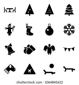 Solid vector icon set - cafe vector, christmas tree, santa claus, sock, snowflake, bell, gloves, angel, flag garland, dog, airport road sign, lounger