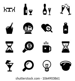 Solid vector icon set - cafe vector, wine, glasses, champagne, snowball house, heart diagnosis, milk, sand clock, search money, green tea, drink, magnifier, bulb, protect glass