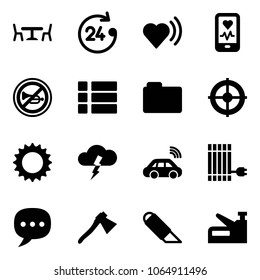 Solid vector icon set - cafe vector, 24 hours, heart beat, mobile monitor, no horn road sign, menu, folder, target, sun, storm, car wireless, panel, chat, axe, work knife, stapler