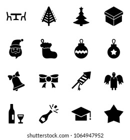 Solid vector icon set - cafe vector, christmas tree, gift, santa claus, sock, ball, bell, bow, firework rocket, angel, wine, champagne, graduate hat, star medal