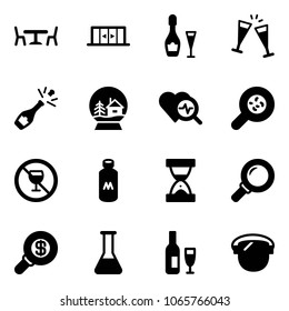Solid vector icon set - cafe vector, automatic doors, wine, glasses, champagne, snowball house, heart diagnosis, bacteria, no alcohol sign, milk, sand clock, magnifier, search money, flask