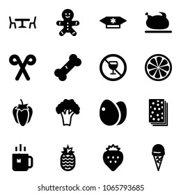 Solid vector icon set - cafe vector, cake man, candy, turkey, santa stick, broken bone, no alcohol sign, lemon slice, sweet pepper, broccoli, eggs, breads, green tea, pineapple, strawberry