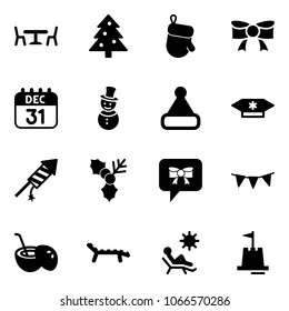 Solid vector icon set - cafe vector, christmas tree, glove, bow, 31 dec calendar, snowman, hat, candy, firework rocket, holly, message, flag garland, coconut cocktail, lounger, beach, sand castle