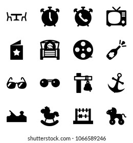 Solid vector icon set - cafe vector, alarm clock, phone, tv, star postcard, money chest, film coil, fizz opening, sunglasses, ship bell, anchor, jointer, rocking horse, abacus, wheel