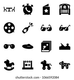 Solid vector icon set - cafe vector, phone alarm, star postcard, money chest, film coil, fizz opening, sunglasses, woman hat, photo, jointer, rocking horse, abacus, wheel, toy