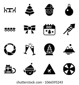 Solid vector icon set - cafe vector, christmas tree, santa claus, garland, bow, calendar, firework rocket, wreath, wine glasses, snowball, mountains, sleigh gift, elf, airport road sign, parasol