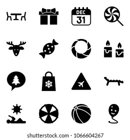 Solid vector icon set - cafe vector, gift, 31 dec calendar, lollipop, christmas deer, candy, wreath, candle, merry message, shop bag snowflake, airport road sign, lounger, reading, parasol, ball