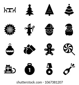 Solid vector icon set - cafe vector, christmas tree, firework, santa claus, ball, gloves, cake man, lollipop, sleigh gift, gold medal, star, fizz opening