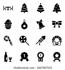 Solid vector icon set - cafe vector, christmas tree, santa claus, ball, bell, bow, lollipop, firework rocket, wreath, wine, gold medal, star