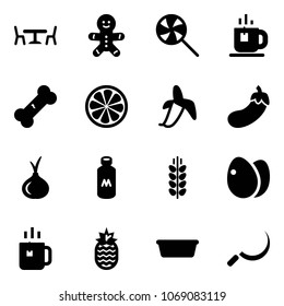 Solid vector icon set - cafe vector, cake man, lollipop, tea, broken bone, lemon slice, banana, eggplant, onion, milk, spica, eggs, green, pineapple, basin, sickle