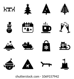 Solid vector icon set - cafe vector, christmas tree, snowman, calendar, tea, wine glasses, mountains, santa sleigh, shop bag snowflake, gift, elf, airport road sign, lounger, sand castle