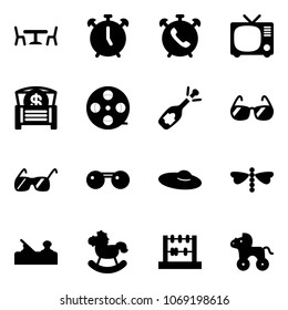 Solid vector icon set - cafe vector, alarm clock, phone, tv, money chest, film coil, fizz opening, sunglasses, woman hat, dragonfly, jointer, rocking horse, abacus, wheel