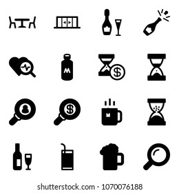 Solid vector icon set - cafe vector, automatic doors, wine, champagne, heart diagnosis, milk, account history, sand clock, head hunter, search money, green tea, drink, beer, magnifier