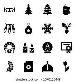 Solid vector icon set - cafe vector, christmas tree, glove, garland, ball, snowflake, holly, wreath, candle, snowball, certificate, golden branch, crown, tulip