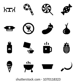 Solid vector icon set - cafe vector, lollipop, candy, no alcohol sign, eggplant, onion, milk, cereal, green tea, pineapple, ice cream, grill, basin, sickle