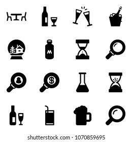 Solid vector icon set - cafe vector, wine, glasses, champagne, snowball house, milk, sand clock, magnifier, head hunter, search money, flask, drink, beer