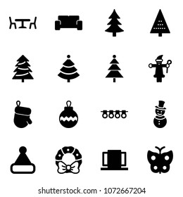 Solid vector icon set - cafe vector, vip waiting area, christmas tree, santa claus, glove, ball, garland, snowman, hat, wreath, doors, butterfly