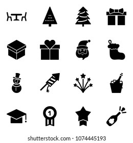 Solid vector icon set - cafe vector, christmas tree, gift, santa claus, sock, snowman, firework rocket, champagne, graduate hat, gold medal, star, fizz opening