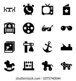 Solid vector icon set - cafe vector, phone alarm, tv, star postcard, money chest, film coil, sunglasses, photo, ship bell, anchor, jointer, rocking horse, abacus, wheel, toy