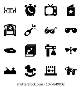 Solid vector icon set - cafe vector, phone alarm, tv, star postcard, money chest, fizz opening, sunglasses, woman hat, photo, ship bell, dragonfly, jointer, rocking horse, abacus, toy