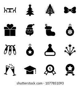Solid vector icon set - cafe vector, christmas tree, bow, gift, santa claus, sock, ball, garland, hat, firework, wine glasses, graduate, gold medal, star