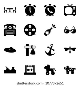 Solid vector icon set - cafe vector, alarm clock, phone, tv, money chest, film coil, fizz opening, sunglasses, woman hat, ship bell, anchor, dragonfly, jointer, abacus, wheel horse, toy