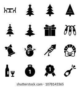 Solid vector icon set - cafe vector, christmas tree, gift, garland, bell, snowman, firework rocket, wreath, wine, gold medal, fizz opening