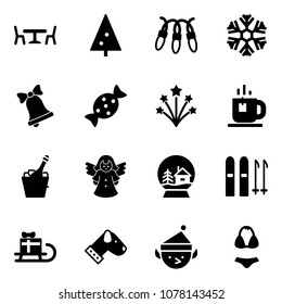 Solid vector icon set - cafe vector, christmas tree, garland, snowflake, bell, candy, firework, tea, champagne, angel, snowball house, ski, sleigh gift, dog, elf, swimsuit