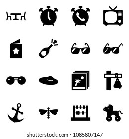 Solid vector icon set - cafe vector, alarm clock, phone, tv, star postcard, fizz opening, sunglasses, woman hat, photo, ship bell, anchor, dragonfly, abacus, wheel horse
