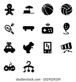 Solid vector icon set - cake man vector, inflatable pool, ball, volleyball, badminton, skateboard, joystick wireless, balloon smile, car toy, dinosaur, game console, xylophone, gamepad