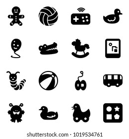 Solid vector icon set - cake man vector, volleyball, joystick wireless, duck toy, balloon smile, crocodile, rocking horse, game console, caterpillar, beach ball, yoyo, bus, monster, cube hole