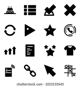 Solid vector icon set - cake vector, menu, check, delete cross, refresh, play, star, phone horn, arrows up, document, stars, t shirt, server wireless, link, cursor, Tic tac toe