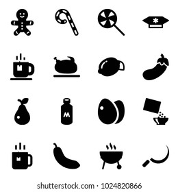 Solid vector icon set - cake man vector, lollipop, candy, tea, turkey, lemon, eggplant, pear, milk, eggs, cereal, green, banana, grill, sickle