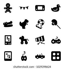 Solid vector icon set - cake man vector, flag garland, game console, duck toy, crocodile, dinosaur, teethers, horse stick, wheel, xylophone, gamepad, yoyo, car, cube hole