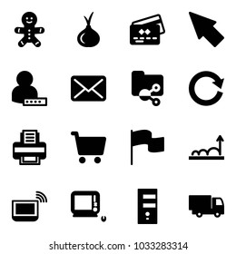 Solid vector icon set - cake man vector, onion, credit card, cursor, user password, mail, shared folder, reload, printer, cart, flag, growth, notebook wi fi, monoblock pc, server, truck toy