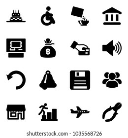 Solid vector icon set - cake vector, disabled, cereal, bank, atm, money bag, card pay, volume max, undo, bell, save, group, store, career, plane, side cutters