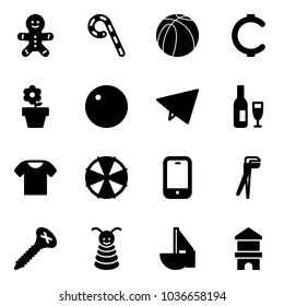 Solid vector icon set - cake man vector, lollipop, basketball ball, cent, flower pot, record, paper fly, wine, t shirt, parasol, mobile phone, plumber, screw, pyramid toy, sailboat, block house