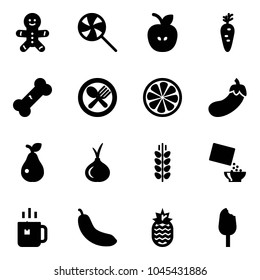 Solid vector icon set - cake man vector, lollipop, apple, carrot, broken bone, fork spoon plate, lemon slice, eggplant, pear, onion, spica, cereal, green tea, banana, pineapple, ice cream