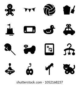 Solid vector icon set - cake man vector, flag garland, volleyball, bucket scoop, sand castle, game console, duck toy, car, horse stick, baby, carousel, wirligig, yoyo, windmill, cat